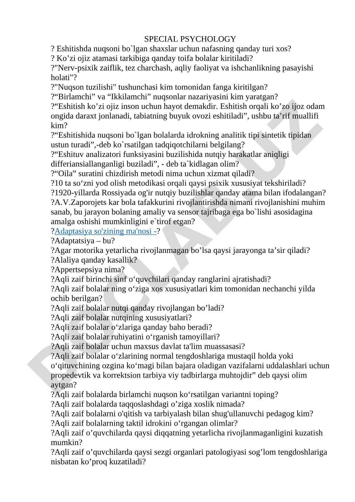 Maxsus psixologiya test savollari
