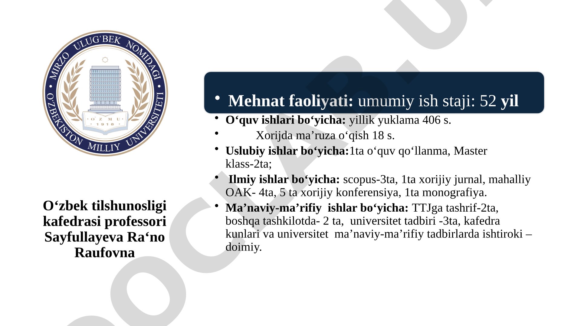 O‘zbek tilshunosligi kafedrasi professori Sayfullayeva Ra‘no Raufovna