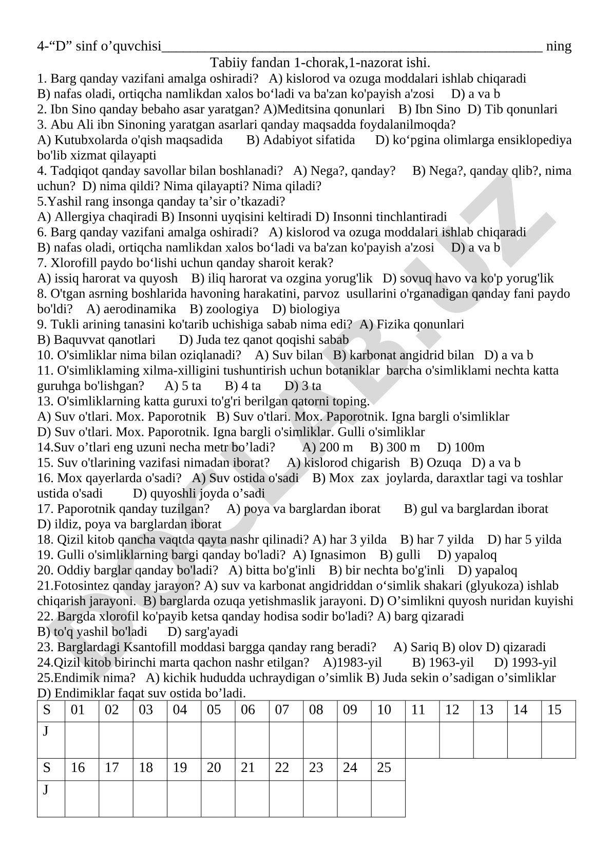 Tabiiy fan 4-sinf 1-chorak nazorat savollari