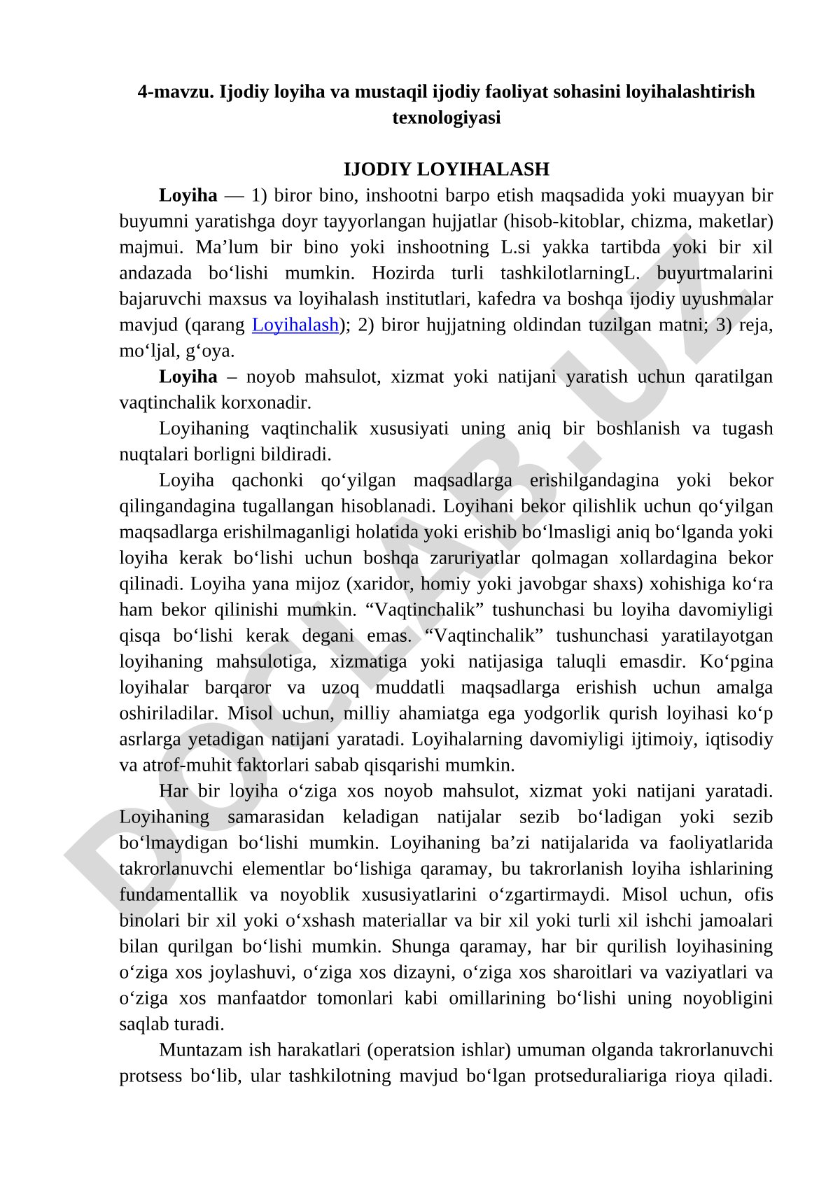 Ijodiy loyiha va mustaqil ijodiy faoliyat sohasini loyihalashtirish texnologiyasi