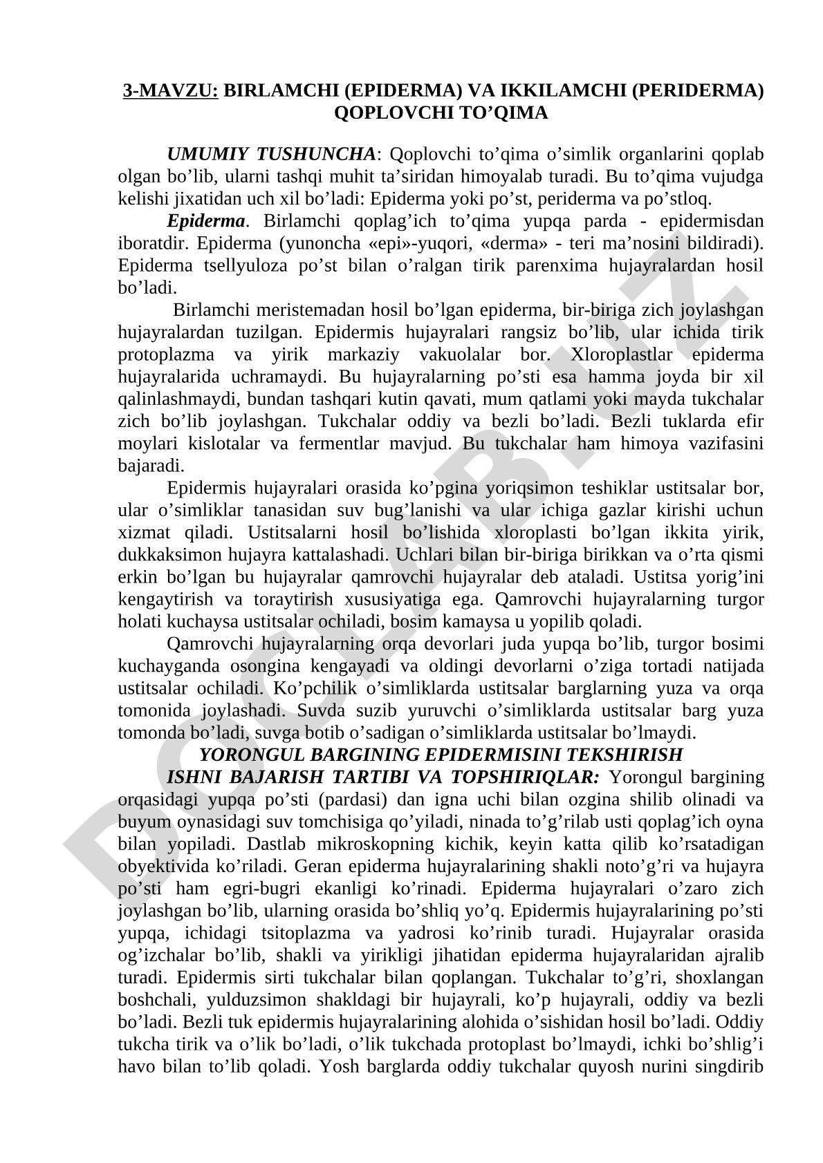 BIRLAMCHI (EPIDERMA) VA IKKILAMCHI (PERIDERMA) QOPLOVCHI TO’QIMA