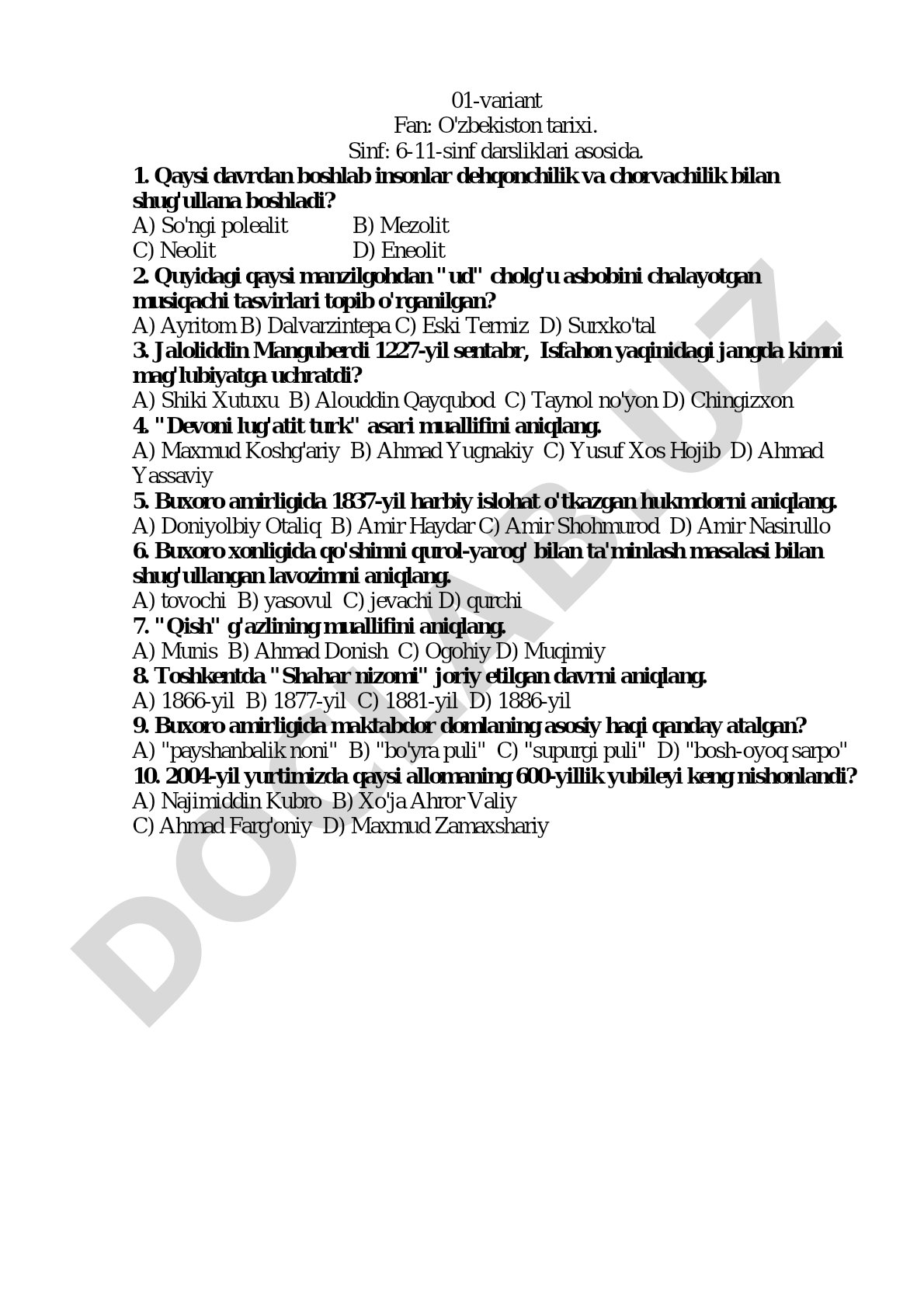 O'zbekiston tarixidan test savollari