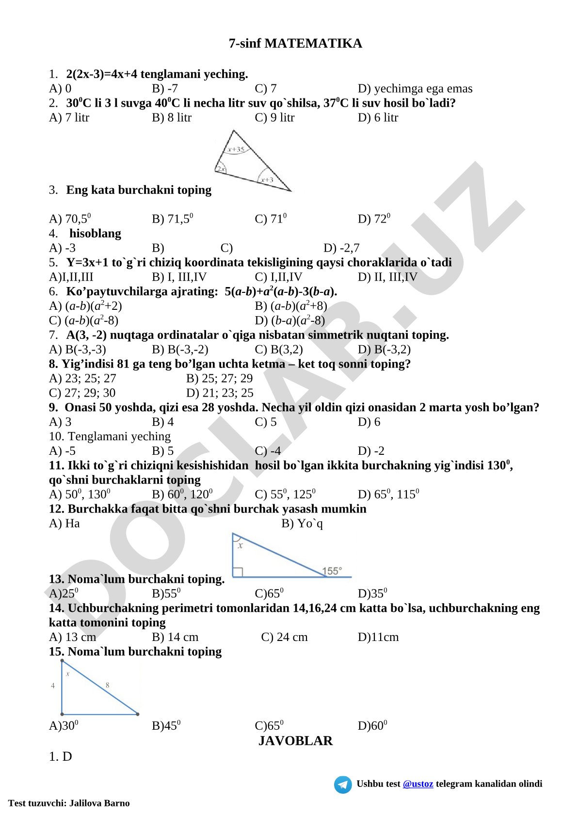 7-sinf matematika fanidan test savollari