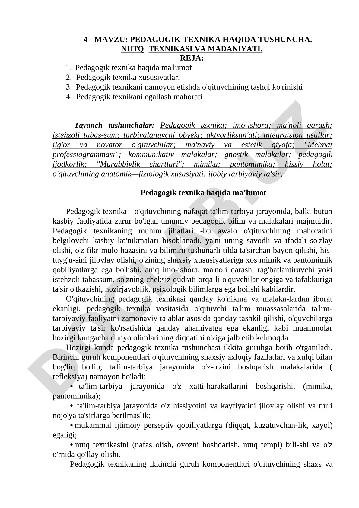 Pedagogik texnika haqida tushuncha. Nutq texnikasi va madaniyati