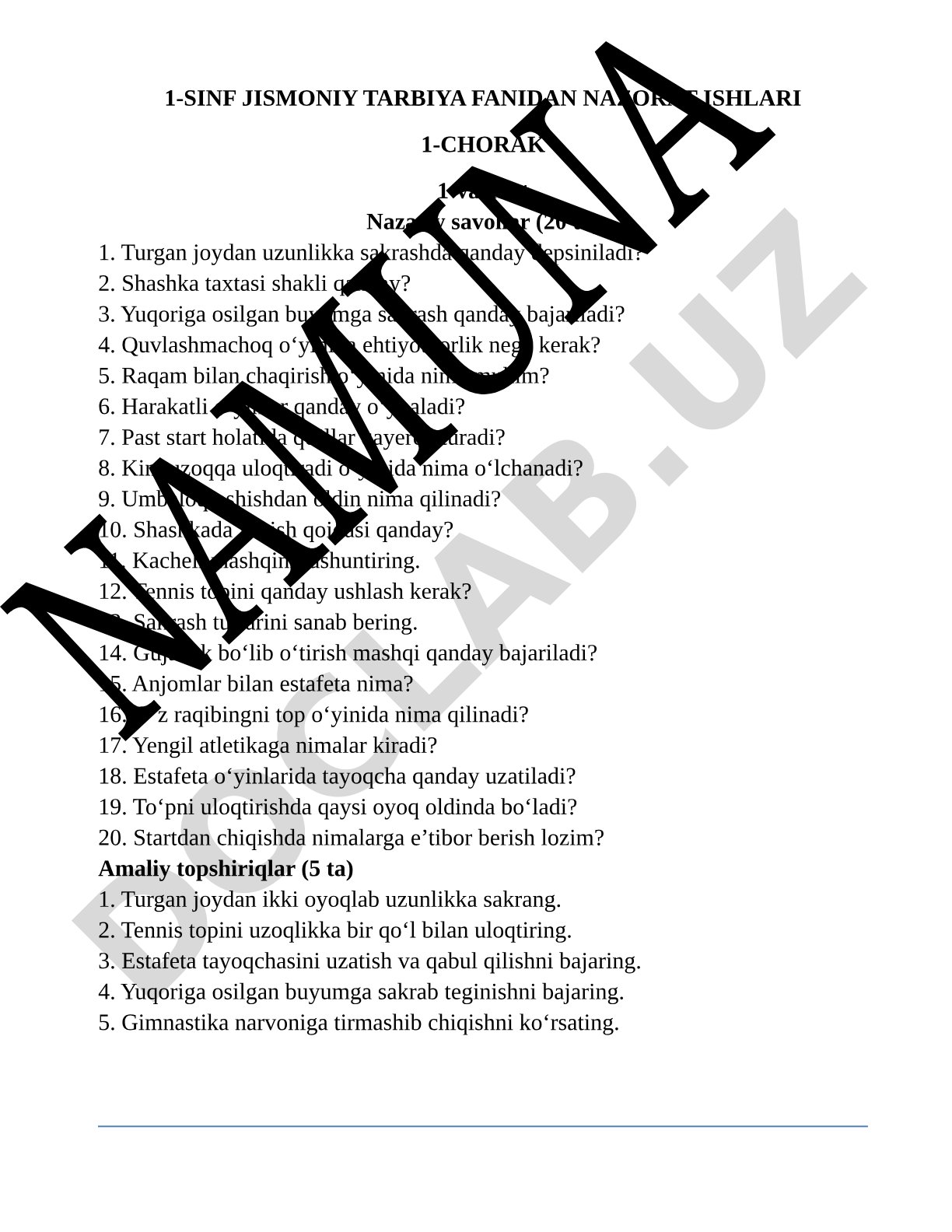 1-sinf jismoniy tarbiya fanidan nazorat ishlari 1-chorak