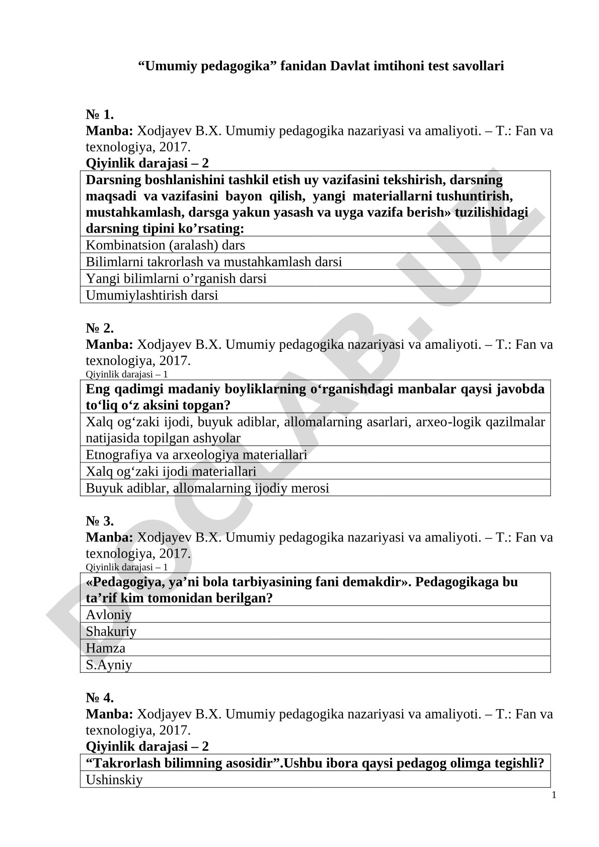 Umumiy pedagogika fanidan Davlat imtihoni test savollari