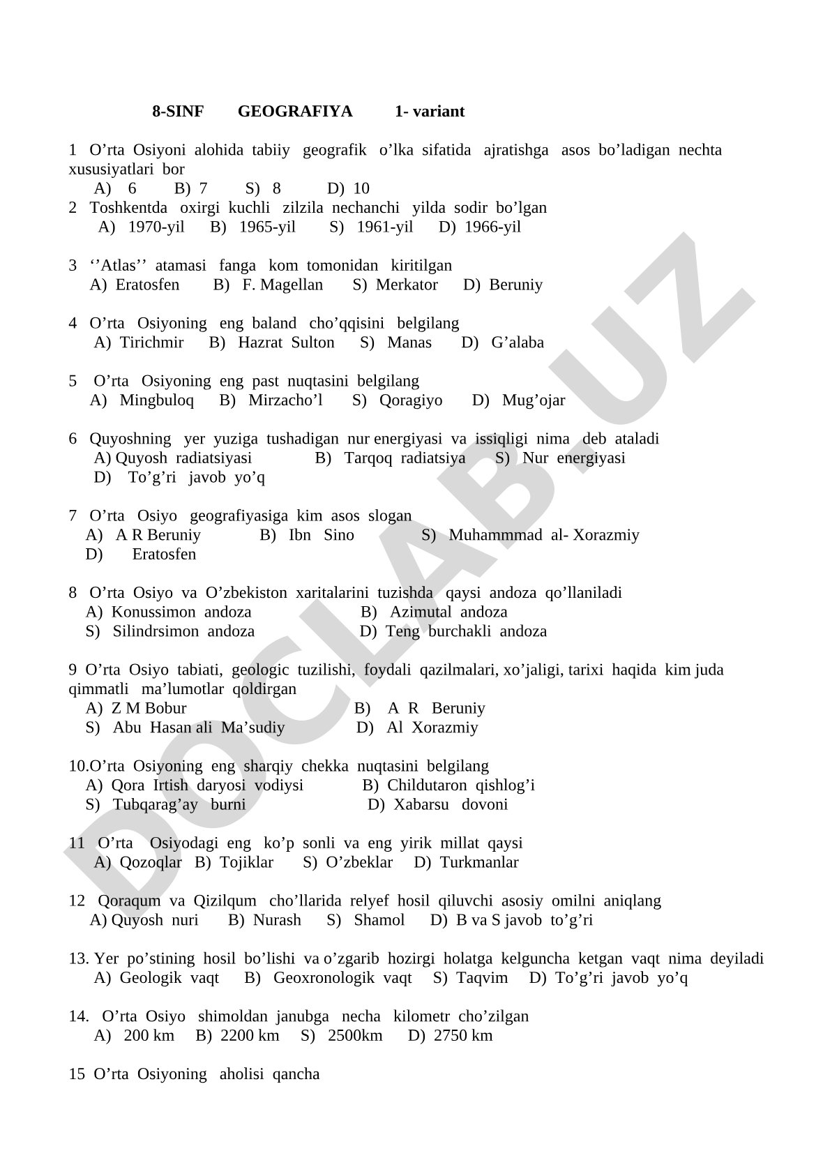 8-sinf geografiya 1-variant