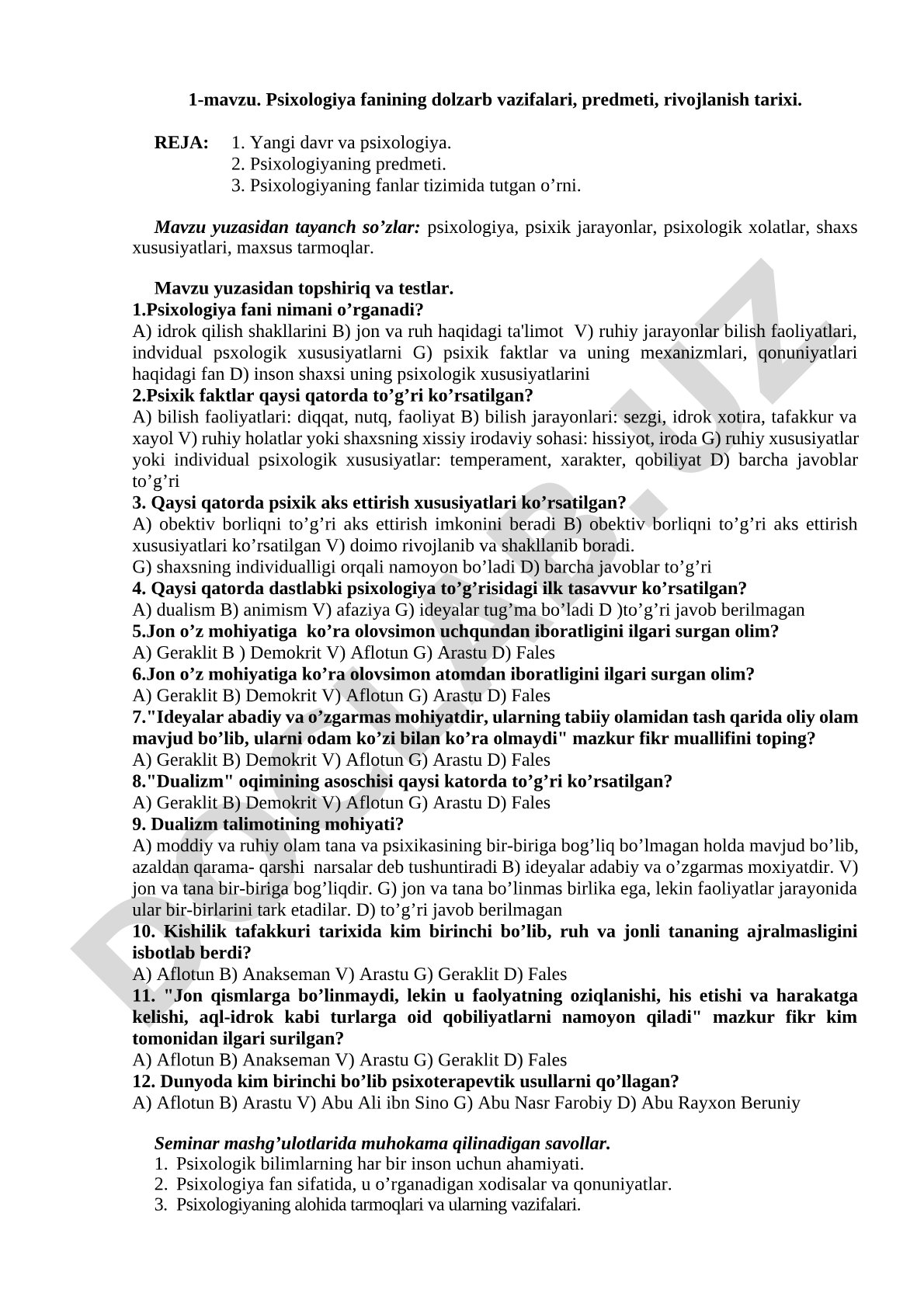 Psixologiya fanining dolzarb vazifalari, predmeti, rivojlanish tarixi