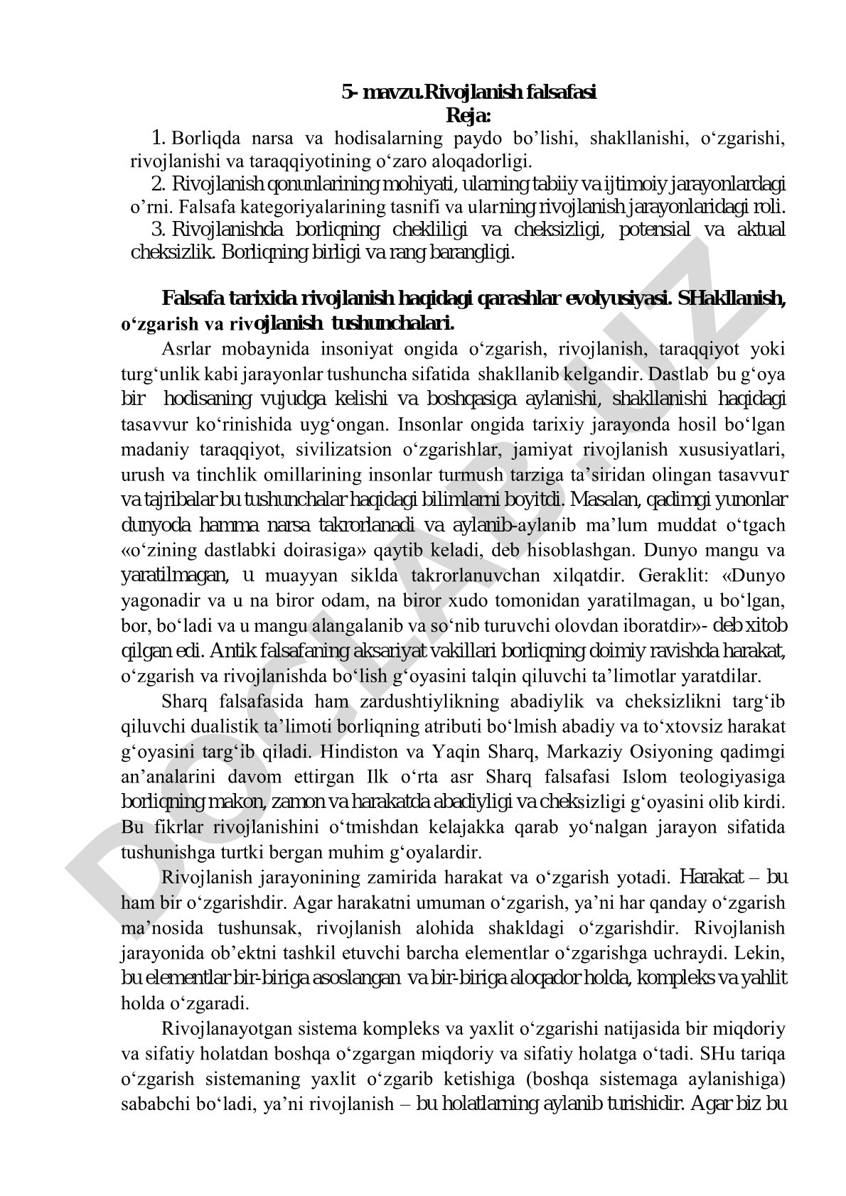 Rivojlanish falsafasi, rivojlanish qonunlari va falsafa kategoriyalari haqida