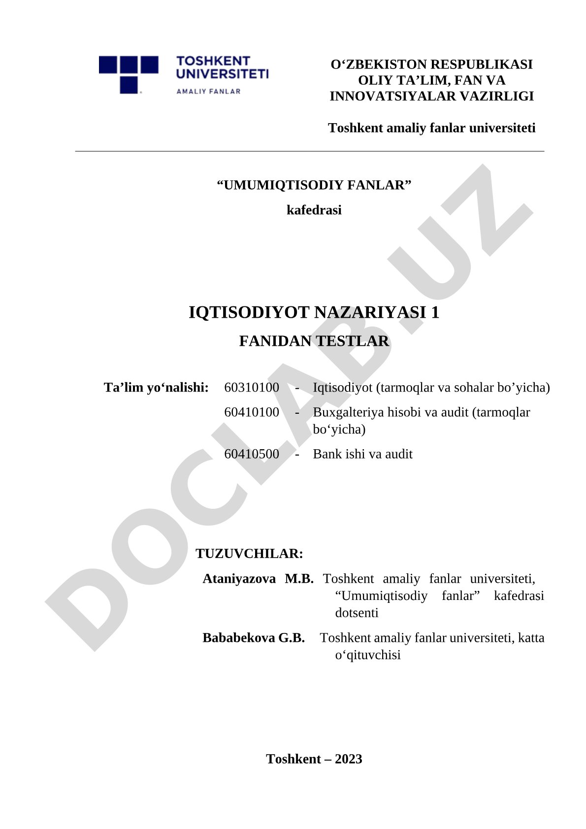 Iqtisodiyot nazariyasi 1 fanidan testlar