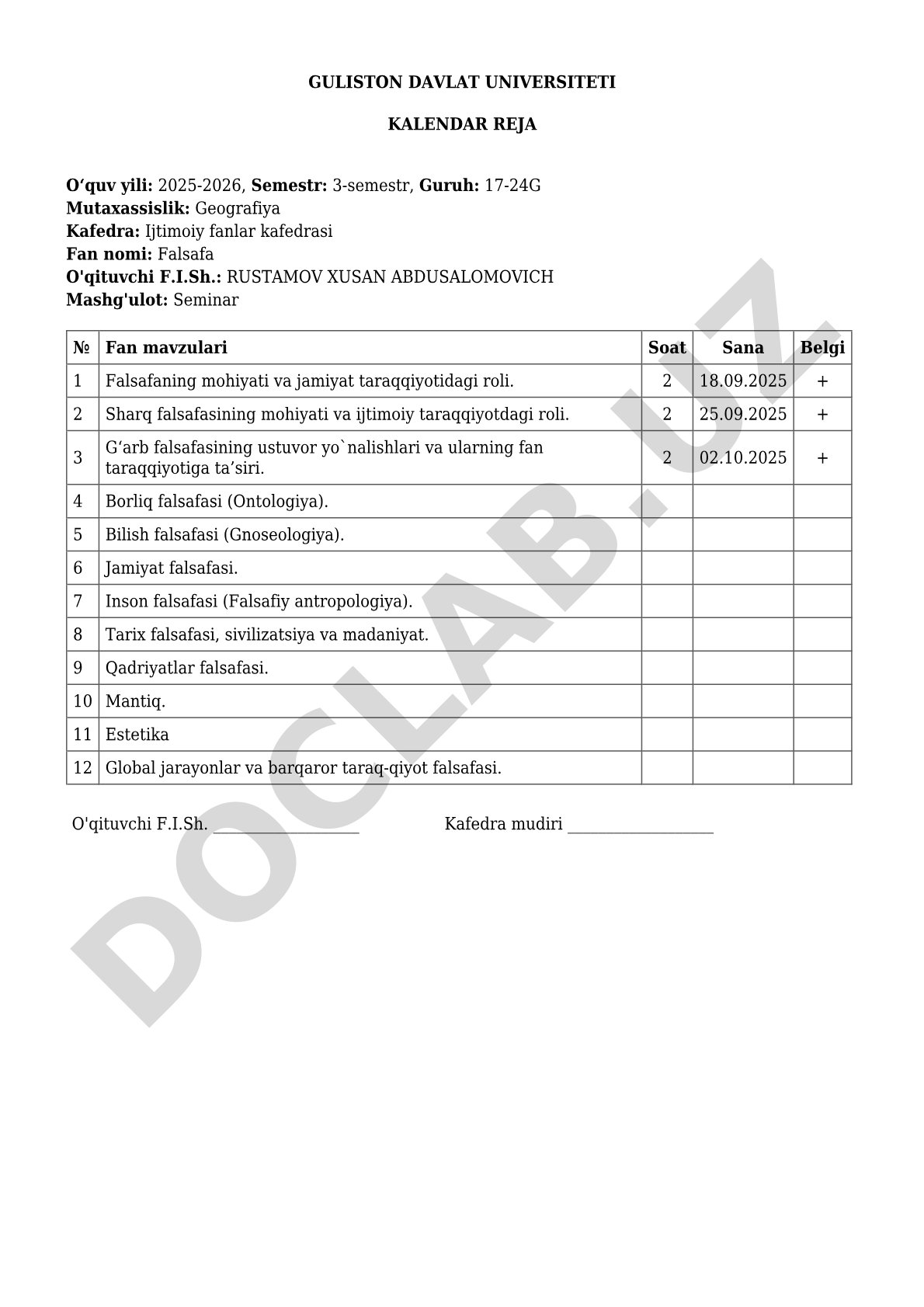 Falsafa fanidan kalendar reja