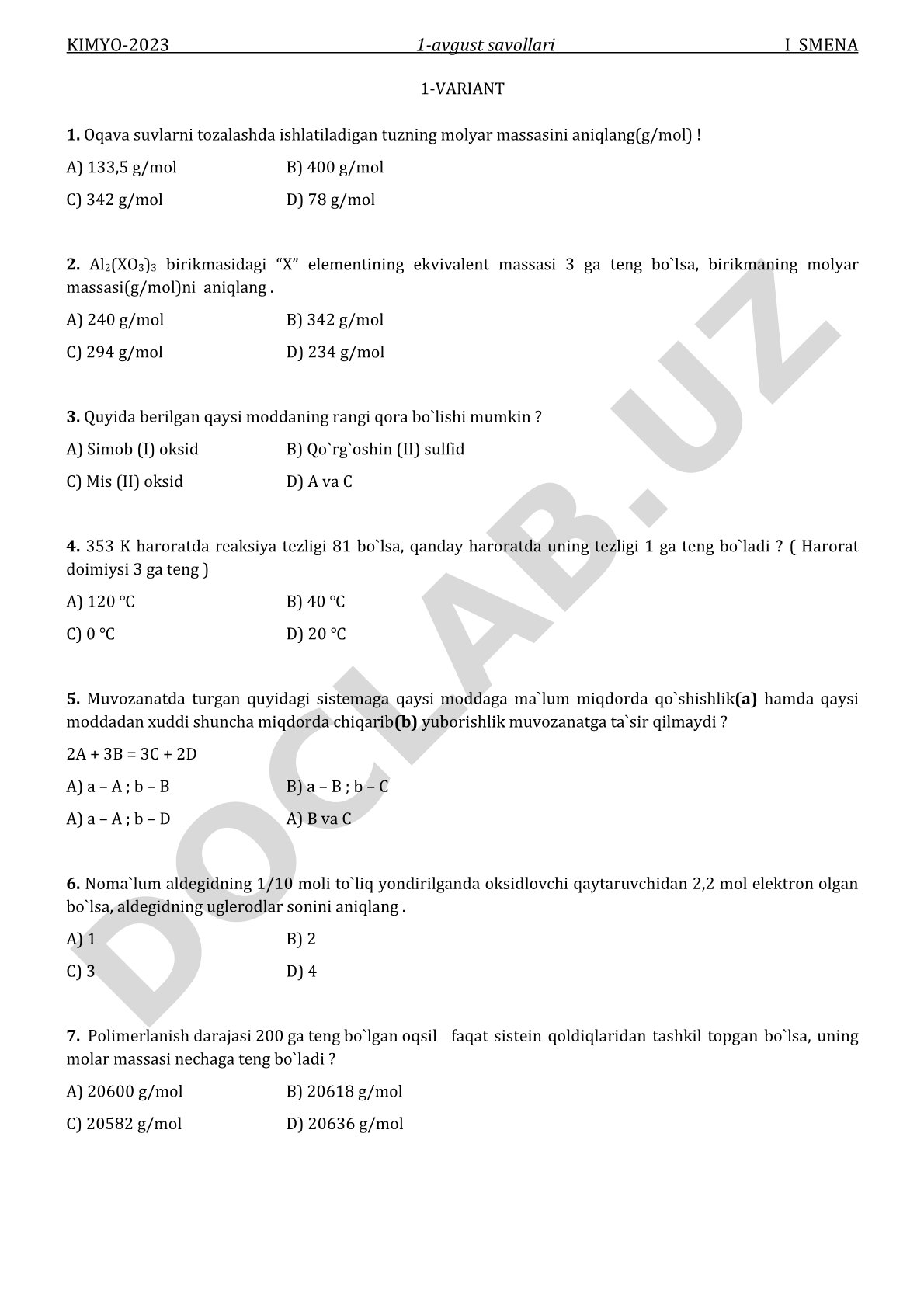 KIMYO-2023 1-avgust savollari I SMENA 1-VARIANT