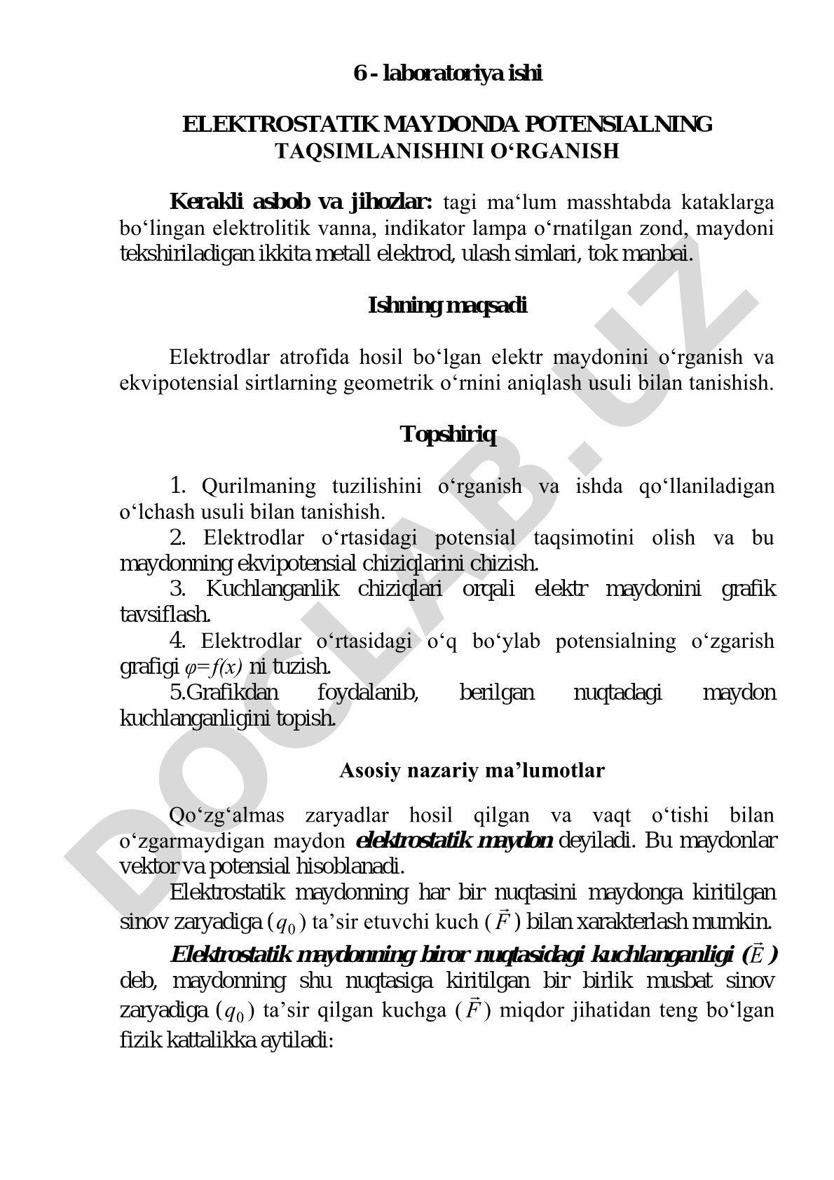 ELEKTROSTATIK MAYDONDA POTENSIALNING TAQSIMLANISHINI O‘RGANISH
