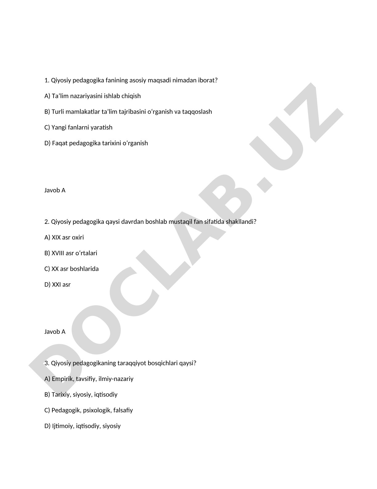 Qiyosiy pedagogika fanidan test savollari