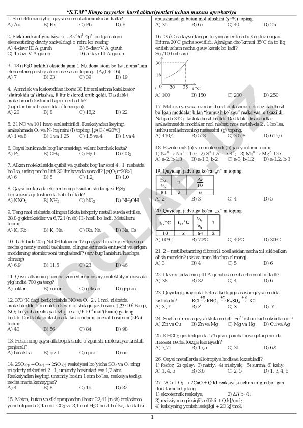 Kimyo fanidan test savollari to'plami