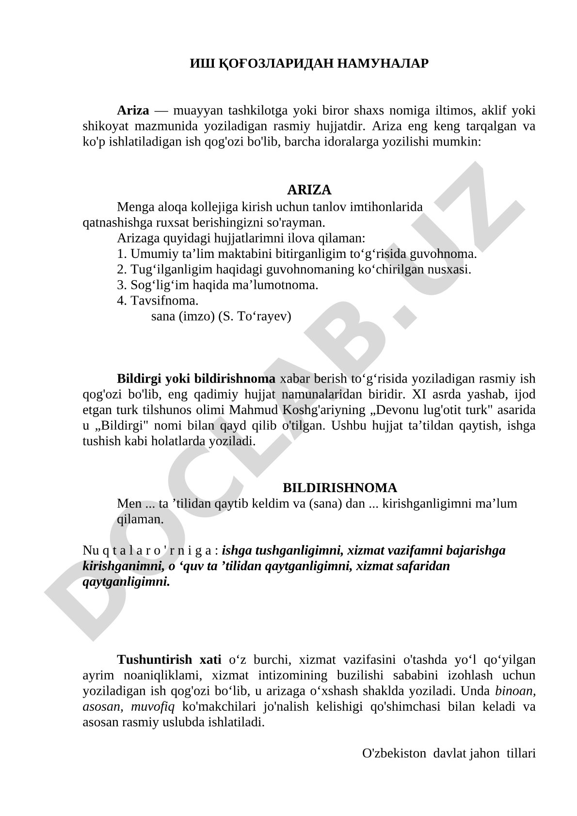 Ariza va bildirishnoma namunalari