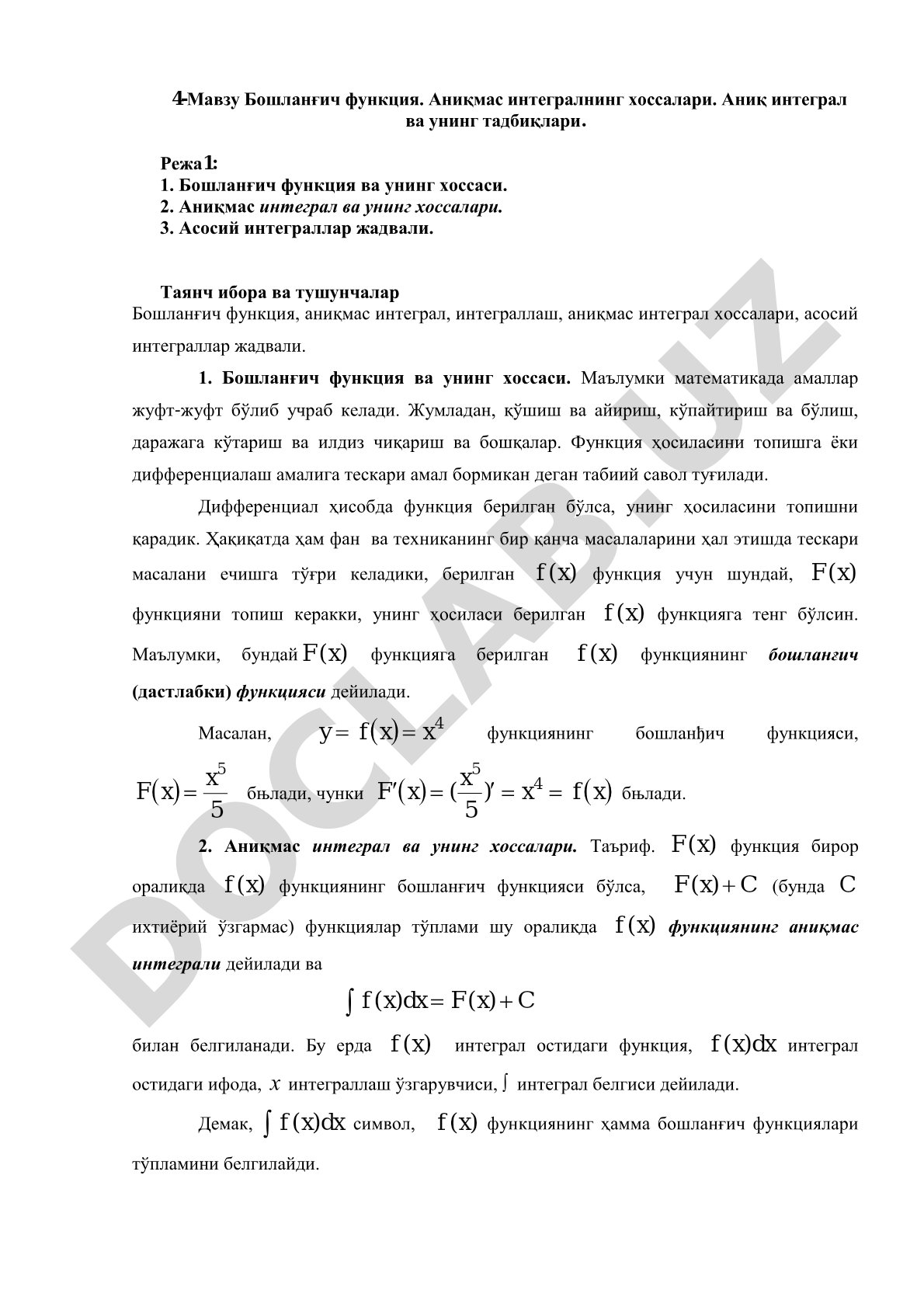 Бошланғич функция. Аниқмас интегралнинг хоссалари. Аниқ интеграл ва унинг тадбиқлари.