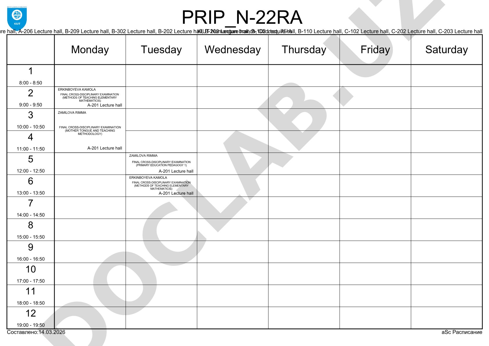 Final Cross-Disciplinary Exam Schedule for PRIP_N-22RA