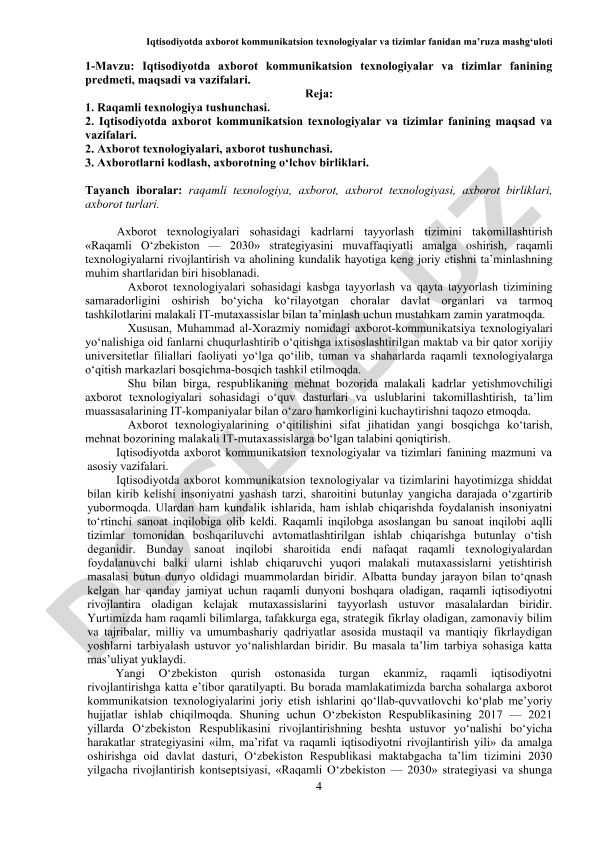 Iqtisodiyotda axborot kommunikatsion texnologiyalar va tizimlar fanining predmeti, maqsadi va vazifalari