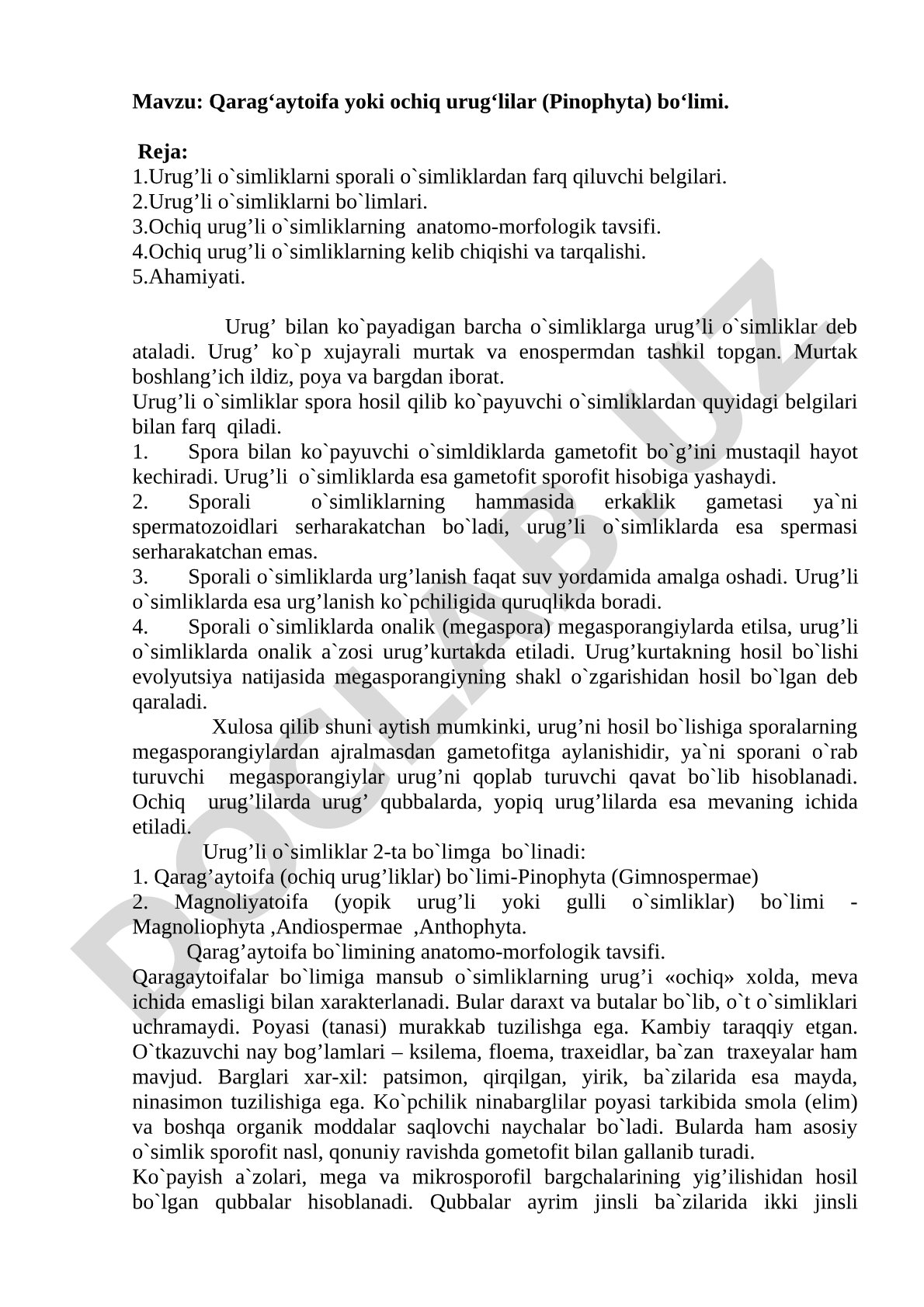 Qarag‘aytoifa yoki ochiq urug‘lilar (Pinophyta) bo‘limi
