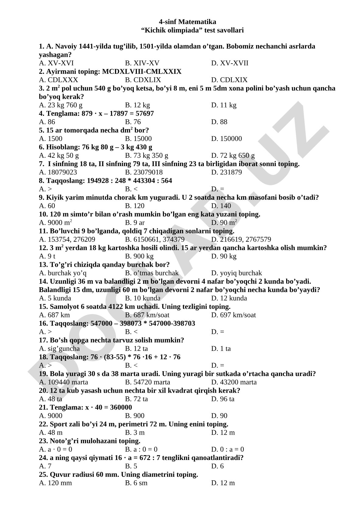 4-sinf matematika Kichik olimpiada test savollari