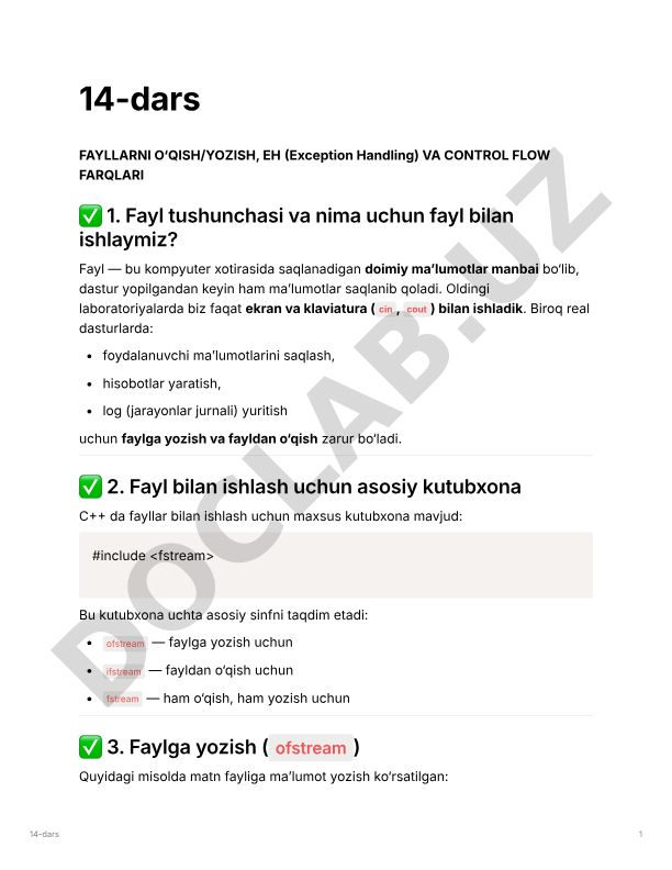 C++ dasturlashda fayllar bilan ishlash va istisnolar boshqaruvi