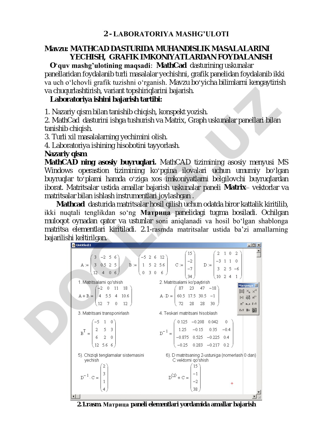 MathCad dasturida muhandislik masalalarini yechish, grafik imkoniyatlardan foydalanish