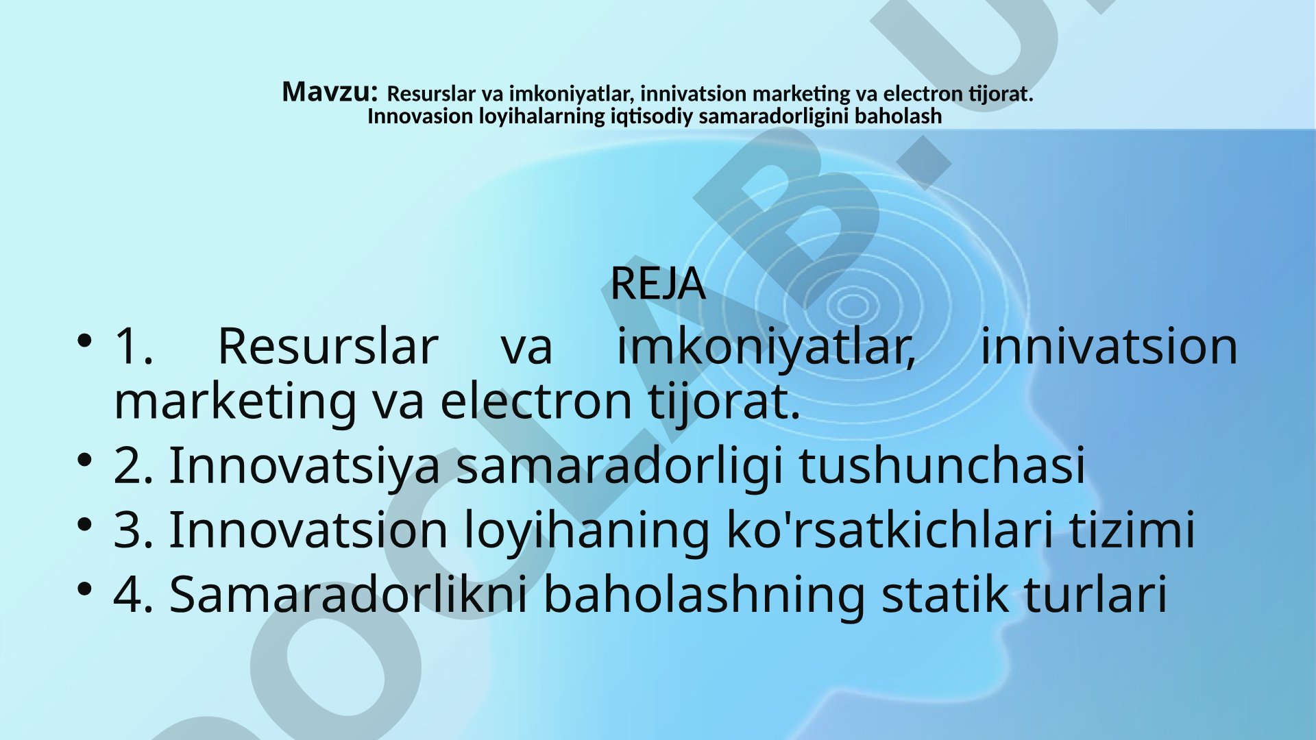 Resurslar va imkoniyatlar, innivatsion marketing va electron tijorat. Innovasion loyihalarning iqtisodiy samaradorligini baholash