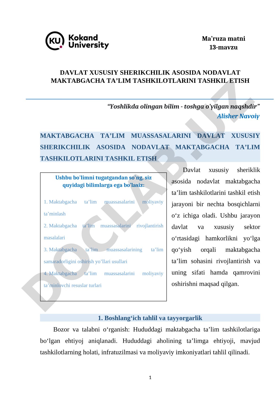 DAVLAT XUSUSIY SHERIKCHILIK ASOSIDA NODAVLAT MAKTABGACHA TA’LIM TASHKILOTLARINI TASHKIL ETISH