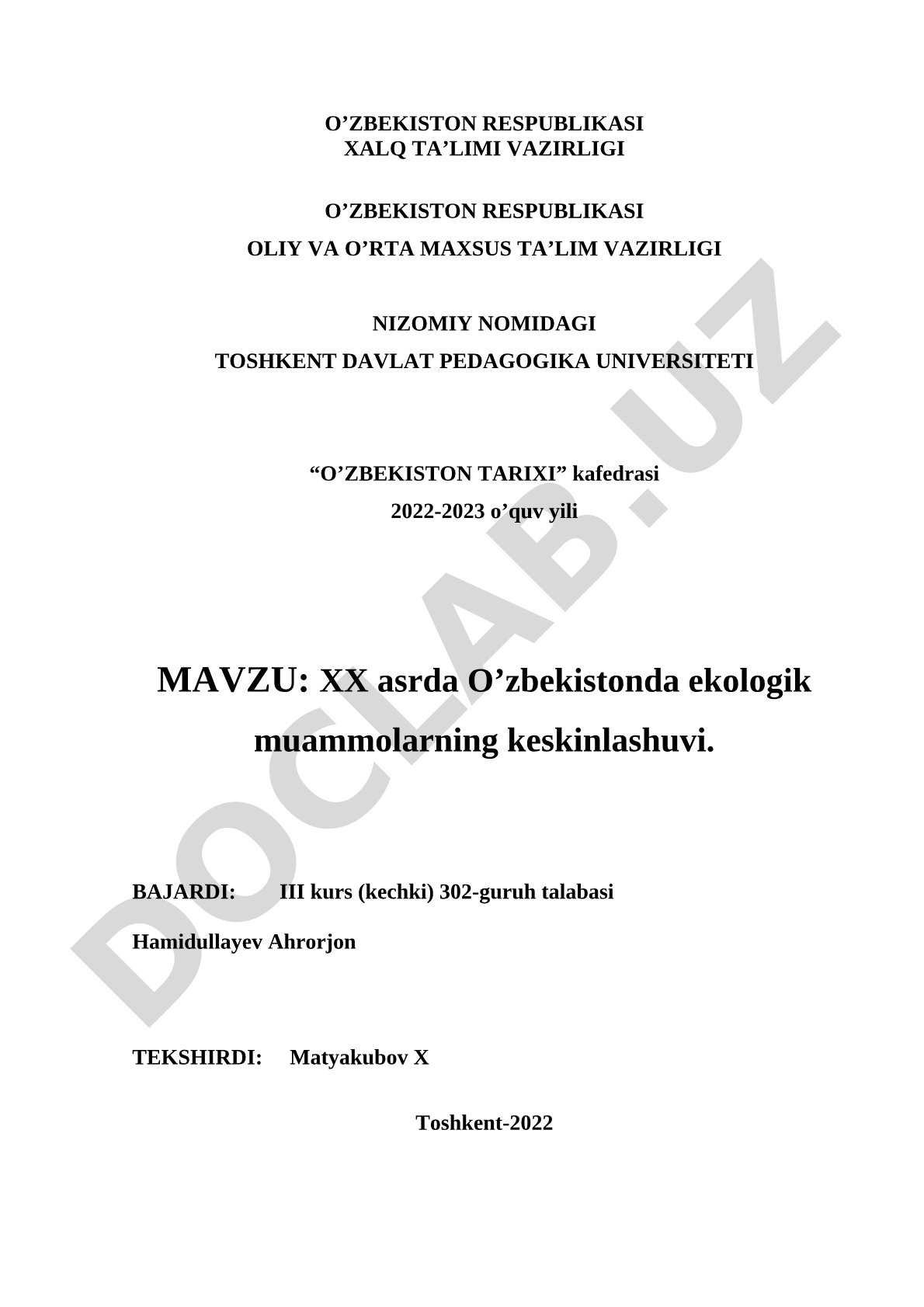 XX asrda O’zbekistonda ekologik muammolarning keskinlashuvi