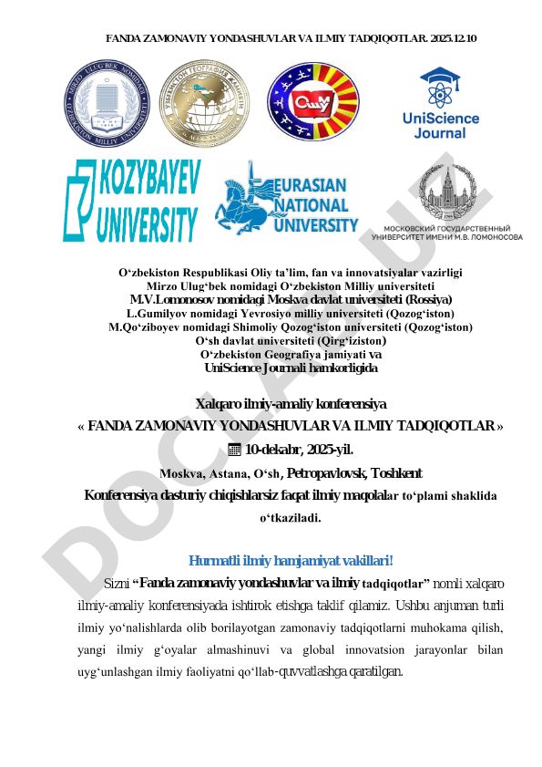 Fanda zamonaviy yondashuvlar va ilmiy tadqiqotlar xalqaro konferensiyasi