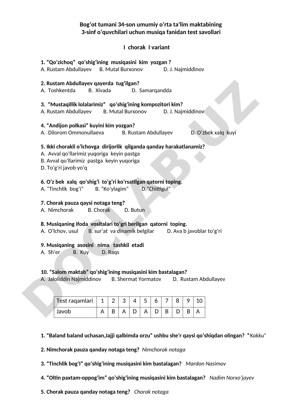 3-sinf musiqa fanidan I chorak test savollari