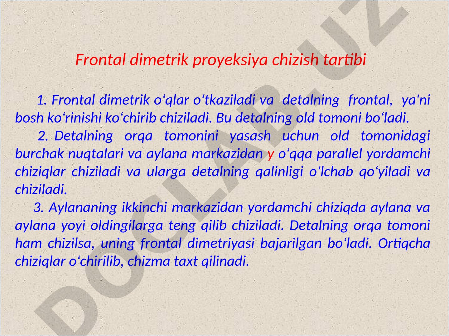 Frontal dimetrik proyeksiya chizish tartibi