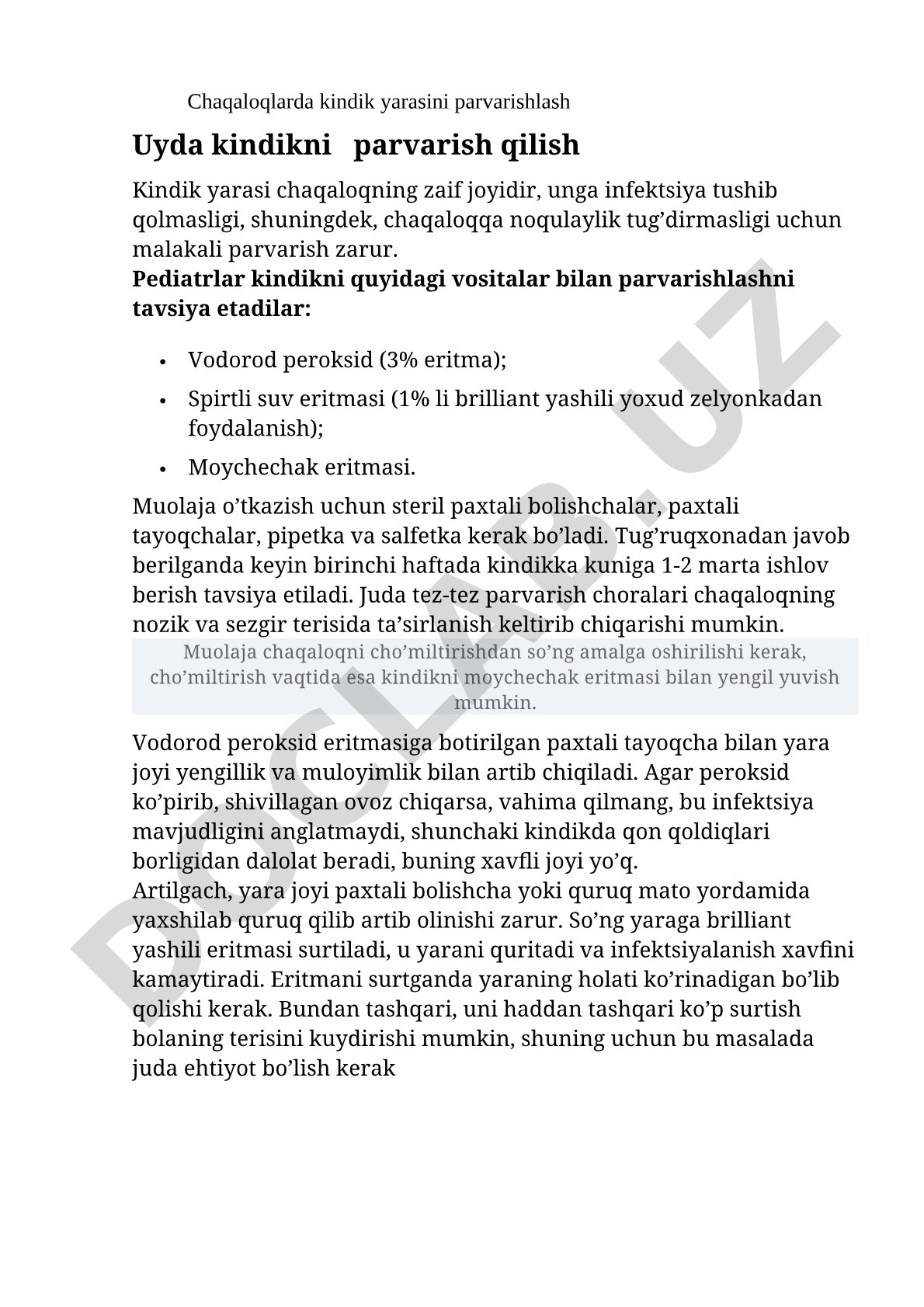 Chaqaloqlarda kindik yarasini parvarishlash