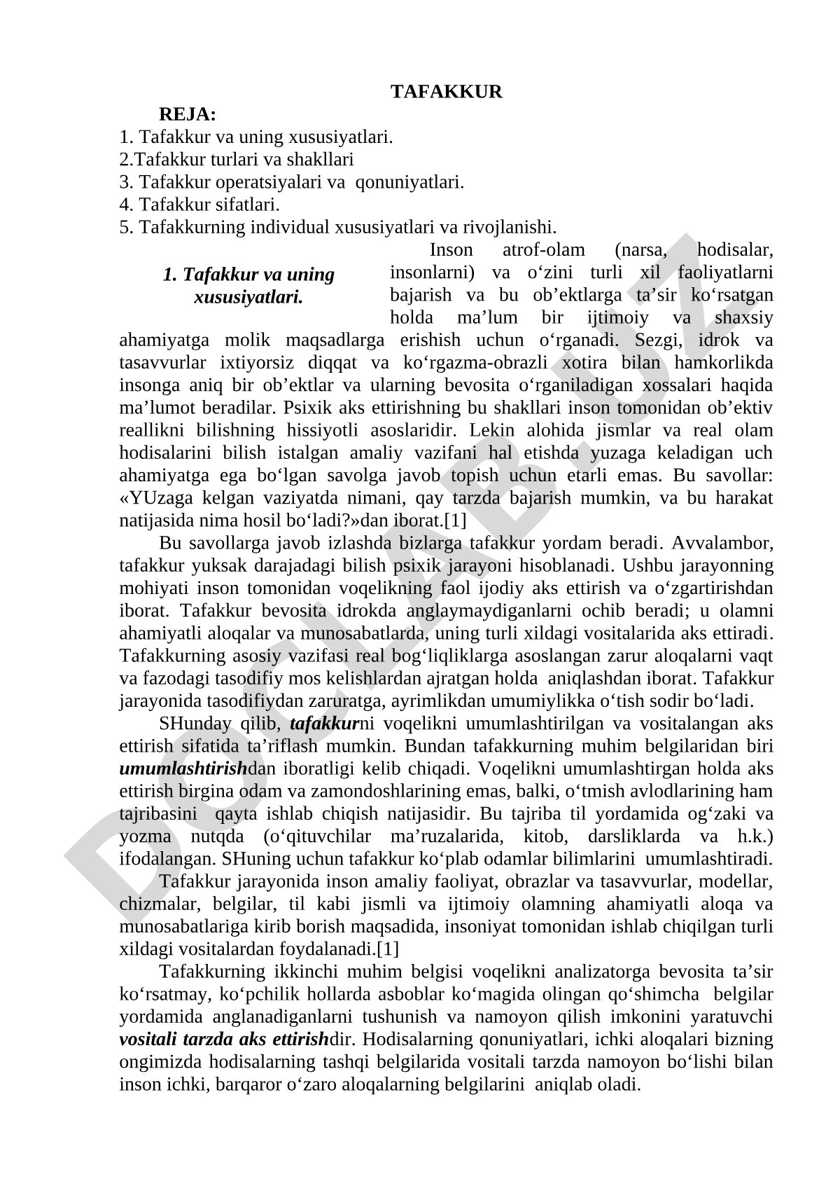 Tafakkur va uning xususiyatlari, turlari va rivojlanishi