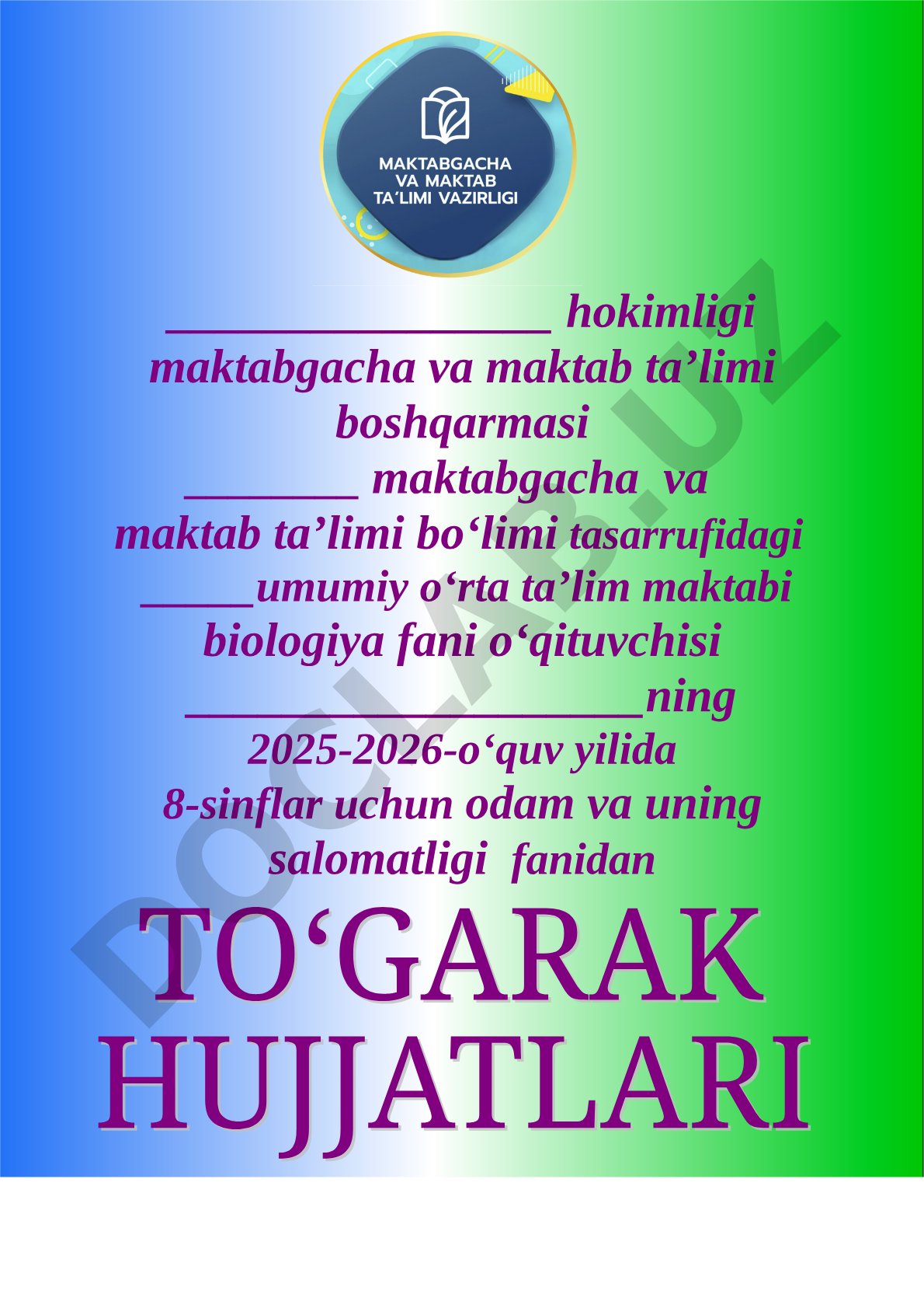 Odam va uning salomatligi fanidan to‘garak rejasi