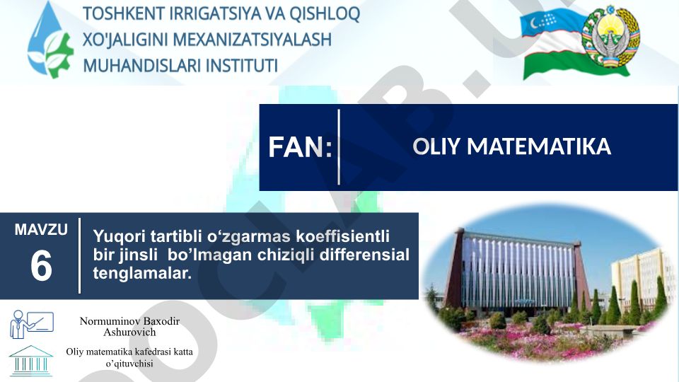 Yuqori tartibli o'zgarmas koeffisientli bir jinsli bo'lmagan chiziqli differensial tenglamalar
