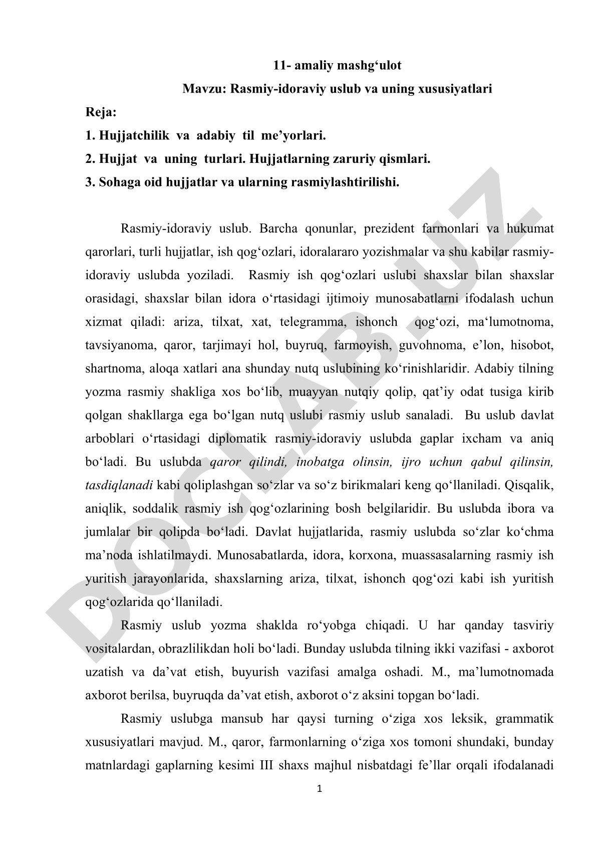 Rasmiy-idoraviy uslub va uning xususiyatlari