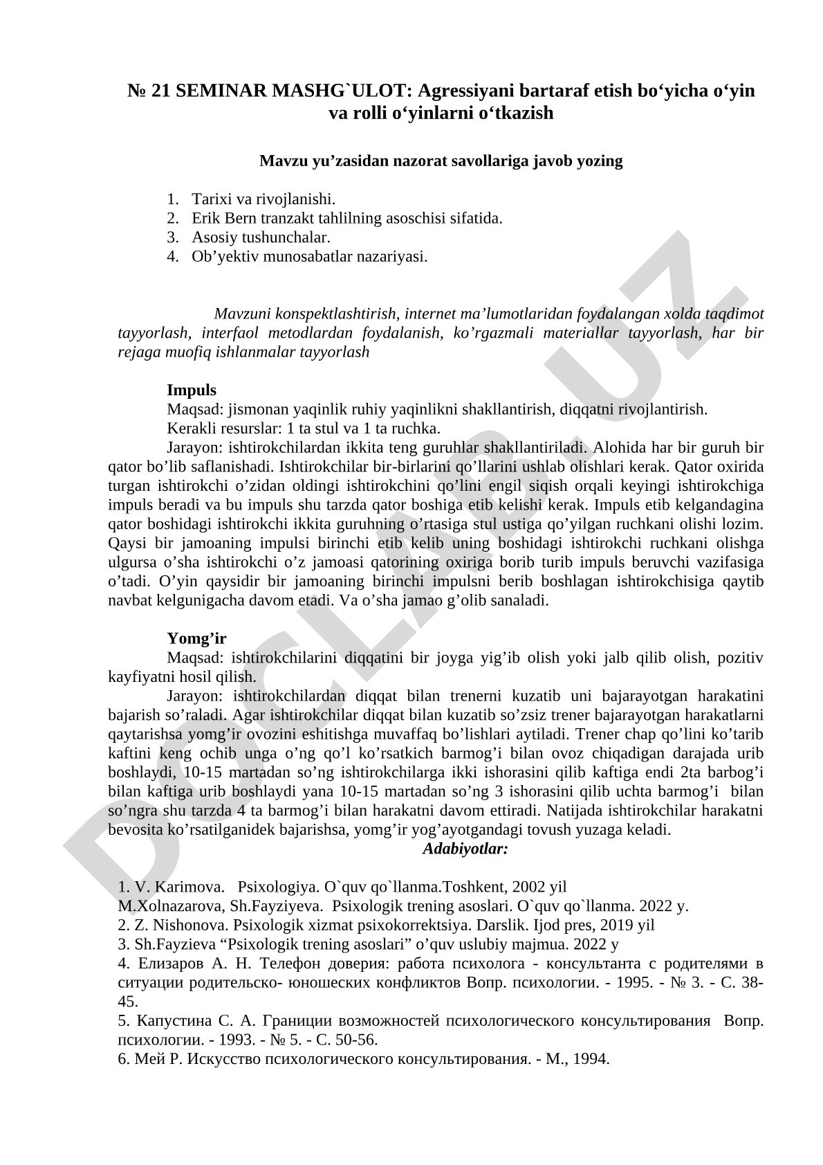 Agressiyani bartaraf etish bo‘yicha o‘yin va rolli o‘yinlarni o‘tkazish