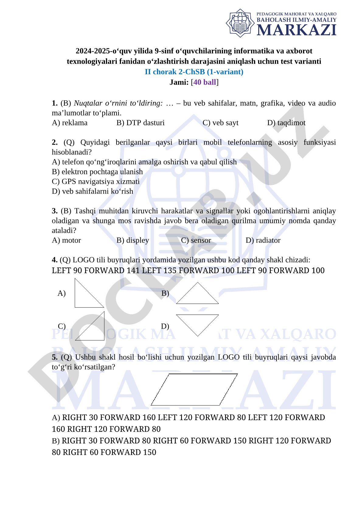 9-sinf informatika va axborot texnologiyalari fanidan test varianti 2-ChSB (1-variant)
