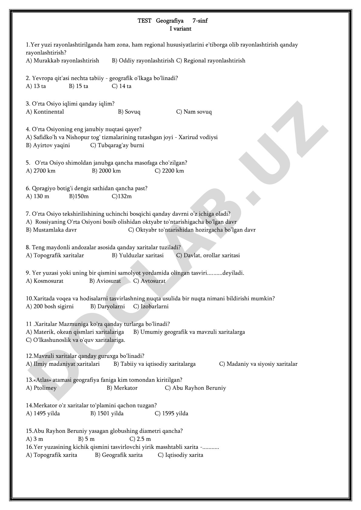 Geografiya 7-sinf I variant test savollari