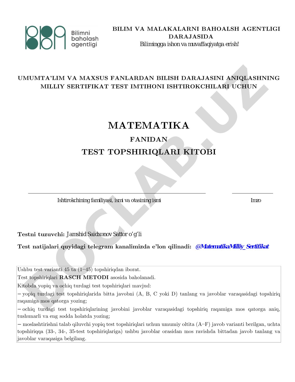 Matematika fanidan milliy sertifikat test topshiriqlari