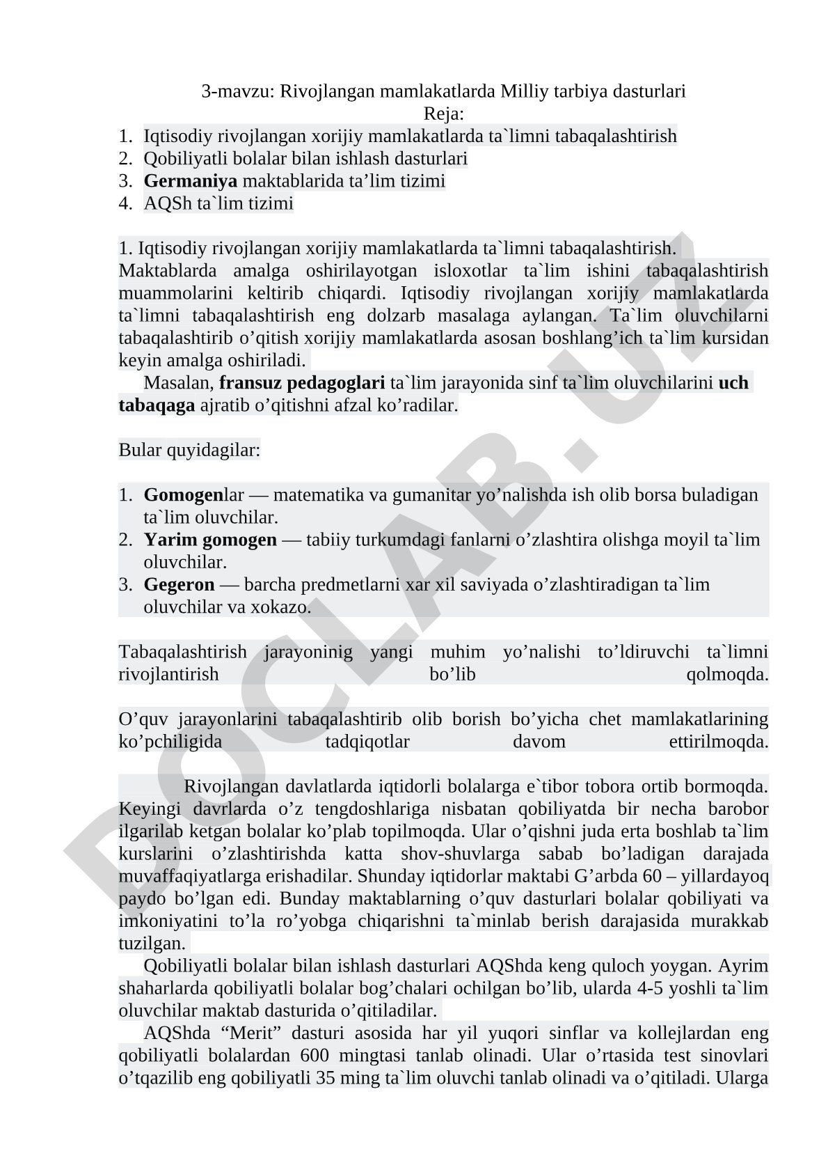 Rivojlangan mamlakatlarda Milliy tarbiya dasturlari