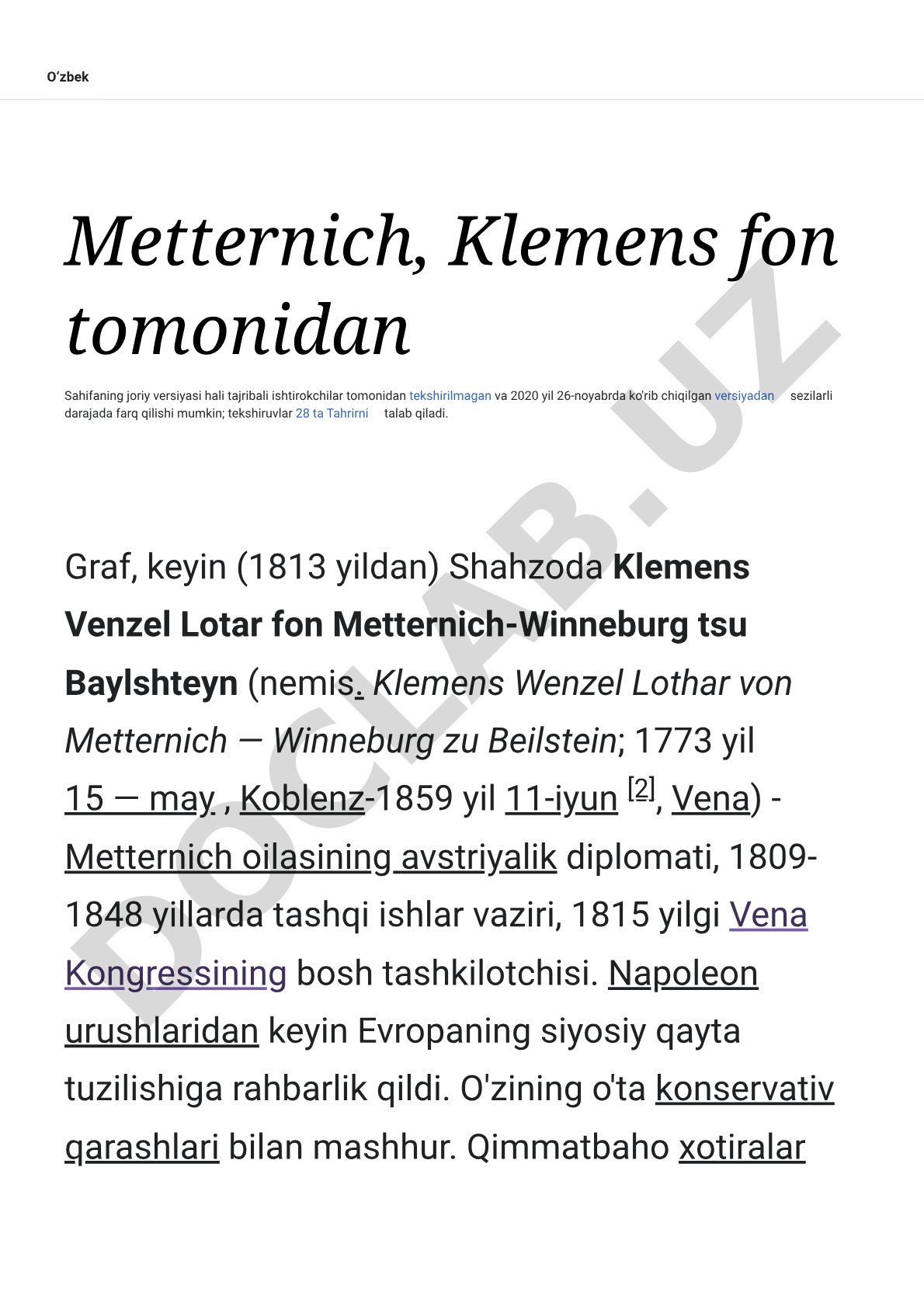Klemens fon Metternichning tarjimai holi