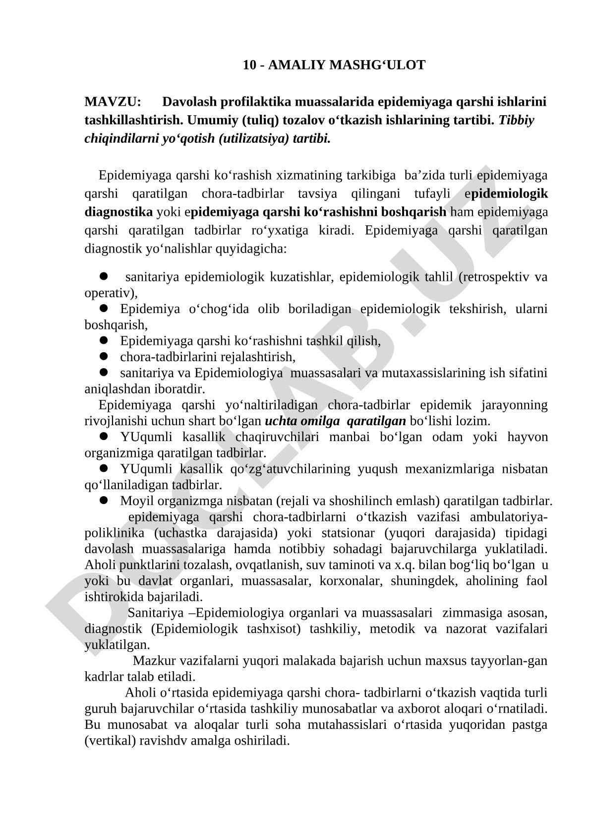 Davolash profilaktika muassalarida epidemiyaga qarshi ishlarini tashkillashtirish
