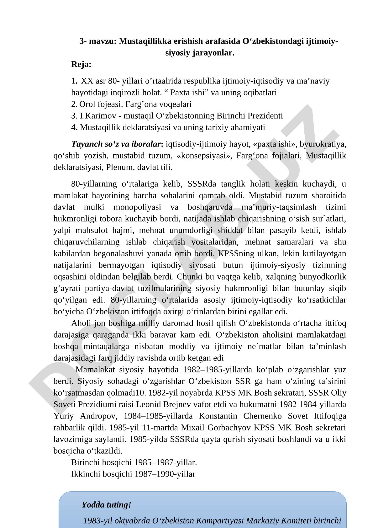 Mustaqillikka erishish arafasida O‘zbekistondagi ijtimoiy-siyosiy jarayonlar