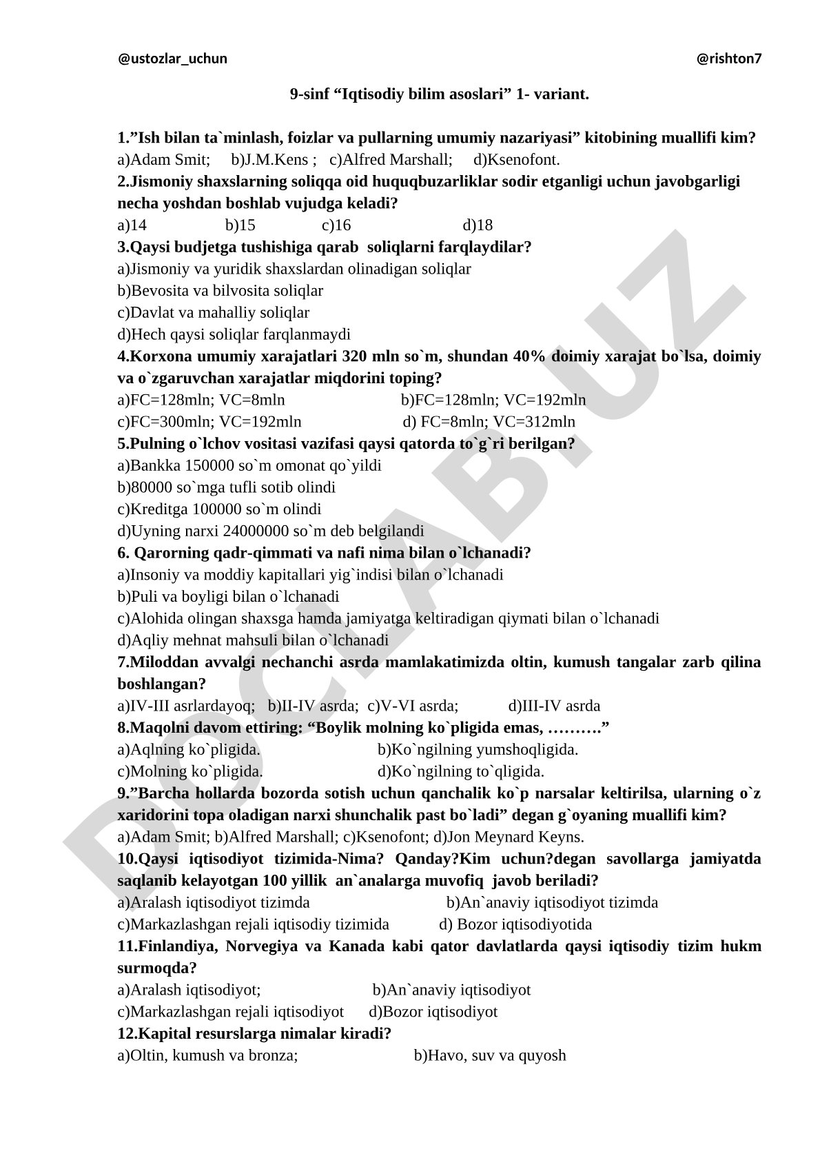 9-sinf Iqtisodiy bilim asoslari 1-variant