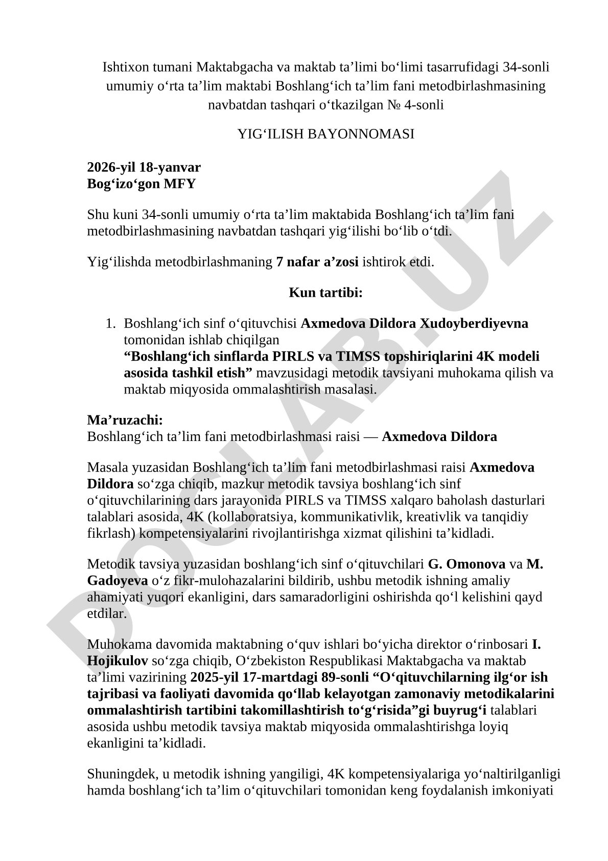 Boshlang'ich sinflarda PIRLS va TIMSS topshiriqlarini 4K modeli asosida tashkil etish