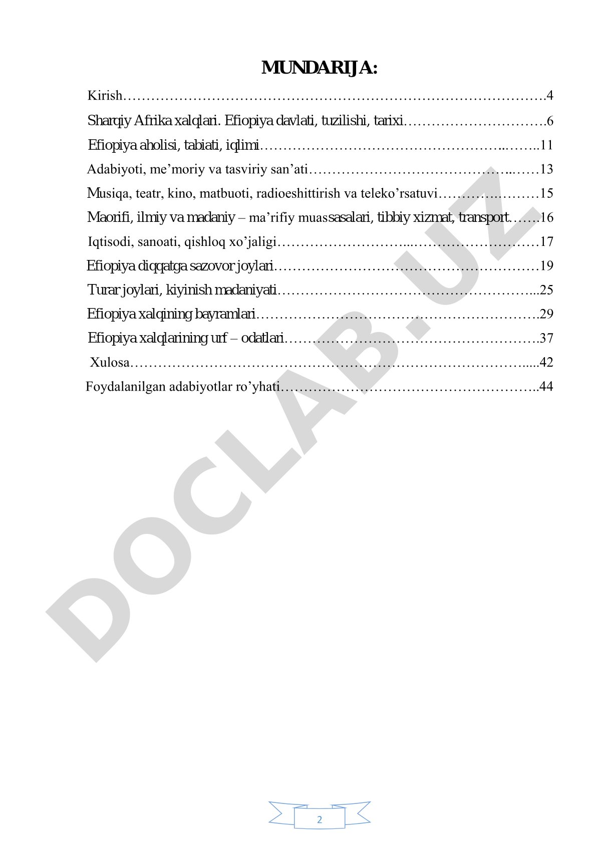 Kurs ishi Efiopiya xalqlarining urf-odatlari, madaniyati, tarixi va ijtimoiy hayotini