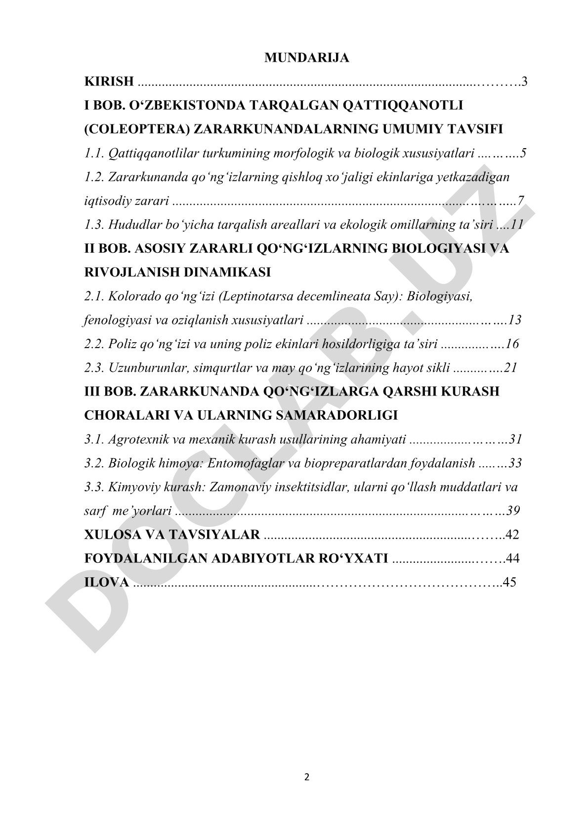 O'zbekistonda tarqalgan zararli qo'ng'izlar va ularga qarshi kurash choralari